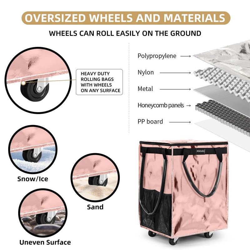 (Medium, Rose Gold) Reusable Grocery Bag on Wheels, Foldable Rolling Tote Carrie gallery