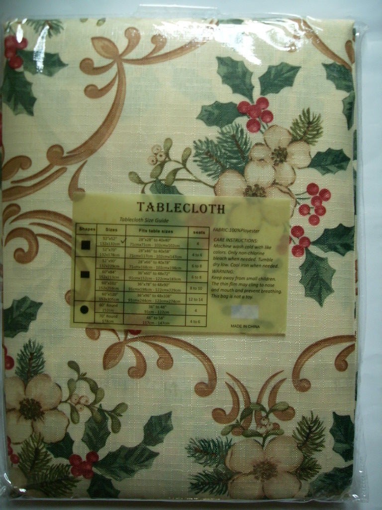 Christmas Holly Floral Holiday Polyester Fabric Tablecloth Multi-Color Var Size gallery