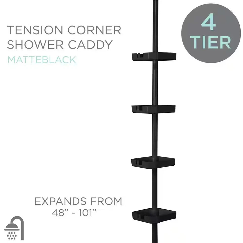 NEW Durable 4 Tier Tension Corner Shower Organizer Caddy Matte Black Bathroom gallery