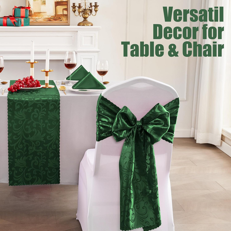 2 Pack Green Satin Table Runners 12 X 108 Inch, Long Silky Damask Table Runner D gallery