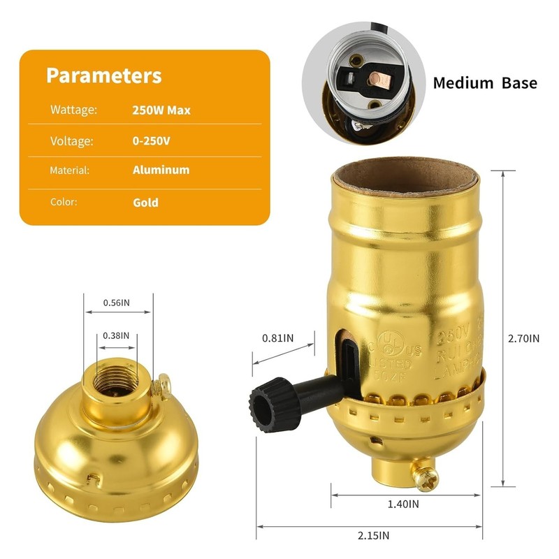 2 Pcs 3 Way Lamp Socket Replacement for E26 Threaded Base, 3 Light Gold gallery