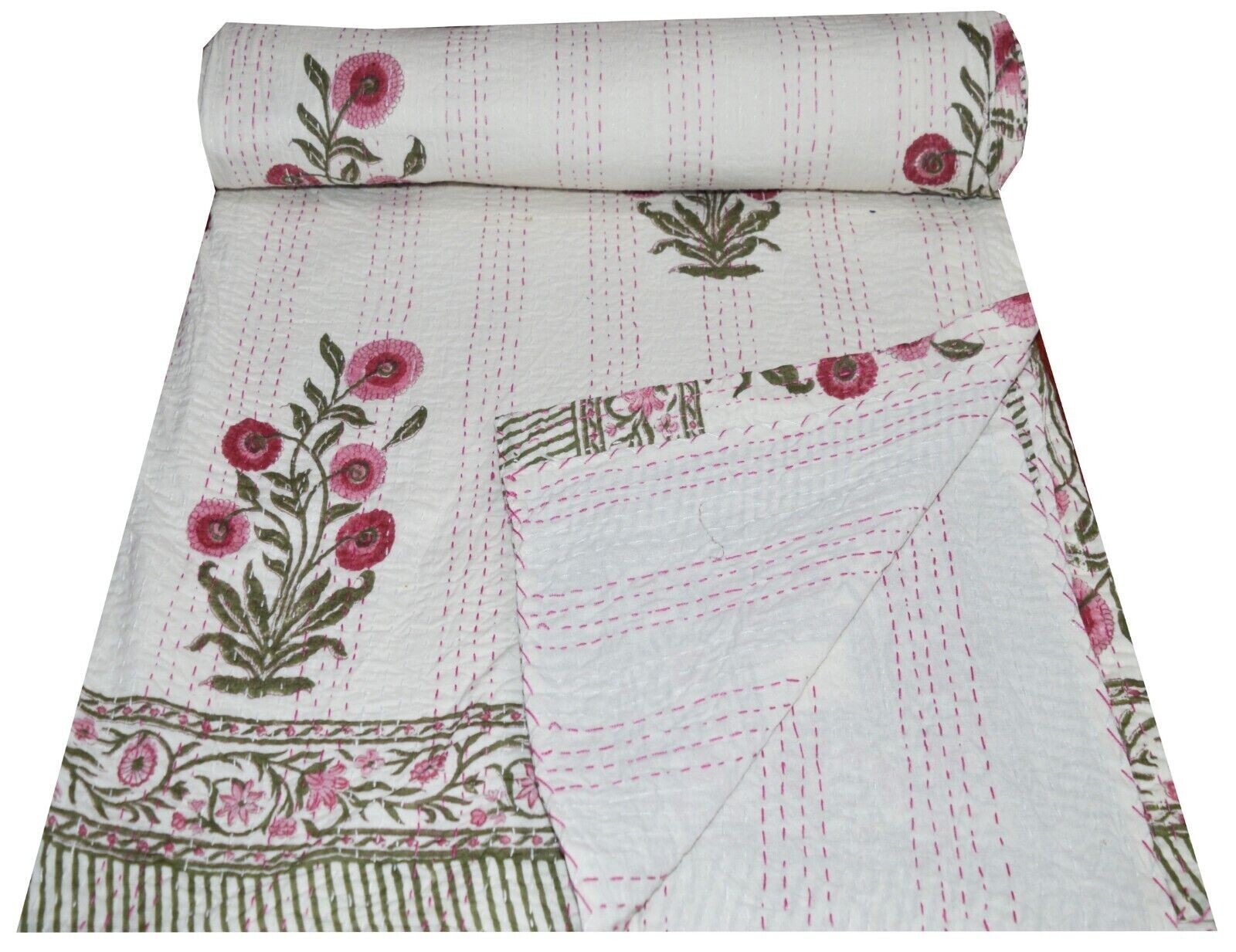Indian Hand Block print kantha Quilt Throw Bedding Bedspread Quilt King Size gallery