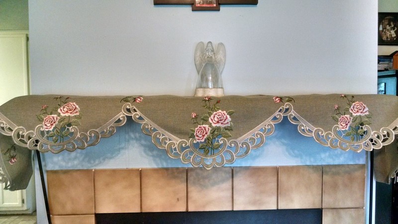 Doily Boutique Table Runner, Doily, Mantel Scarf with Pink Rose on Green Burlap gallery