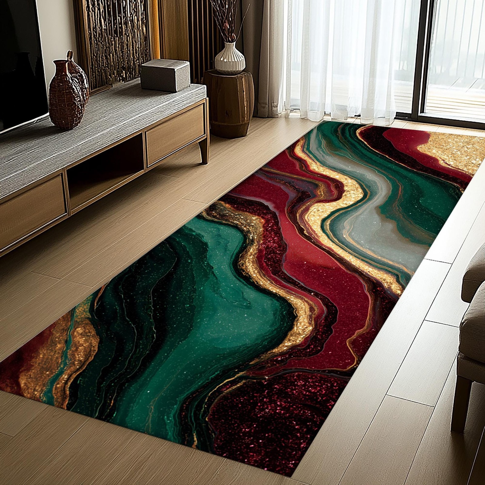 Red Green Gold Marble Runner Rug Festive Christmas Decor gallery