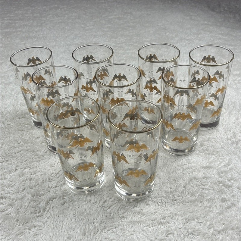 Vintage MCM Libbey Hostess Set 9 glasses Patriotic eagle with original box gallery