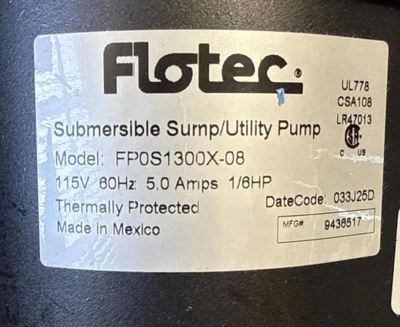 Flotec FP0S1300X-08 Plug-In Utility Pump, 1/6 hp 115V, Submersible Thermoplastic gallery