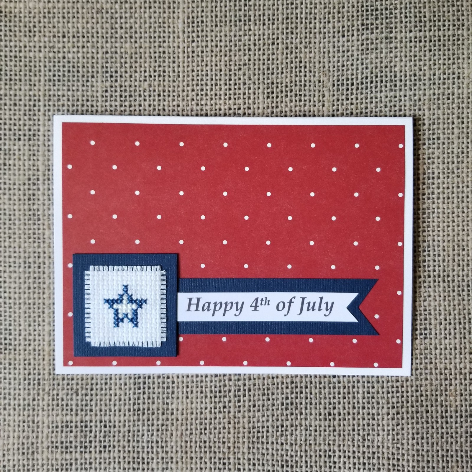 Finished Completed Cross Stitch Happy 4th Blue Star Blank Note Greeting Card gallery