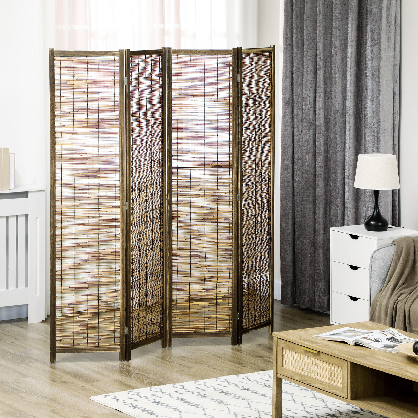 HOMCOM 4 Panel Room Divider 5.5 Ft Tall Portable Folding Privacy Screens Brown gallery