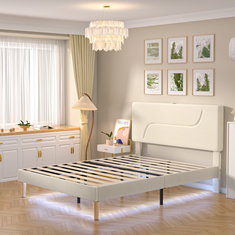 Twin Full Queen Bed Frame LED Light USB Charging Station Headboard Gray Beige gallery