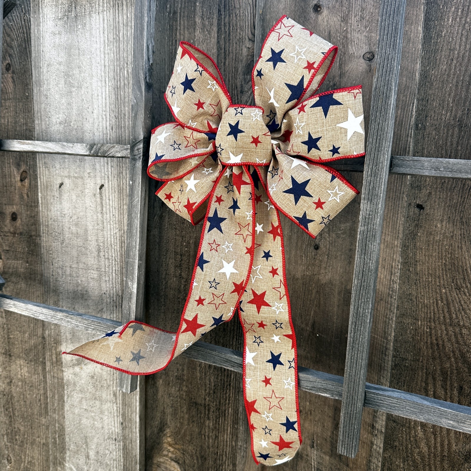 Rustic Linen Patriotic Wreath Bow - 10"Wx18"L, Red White Blue Stars, Made in USA gallery
