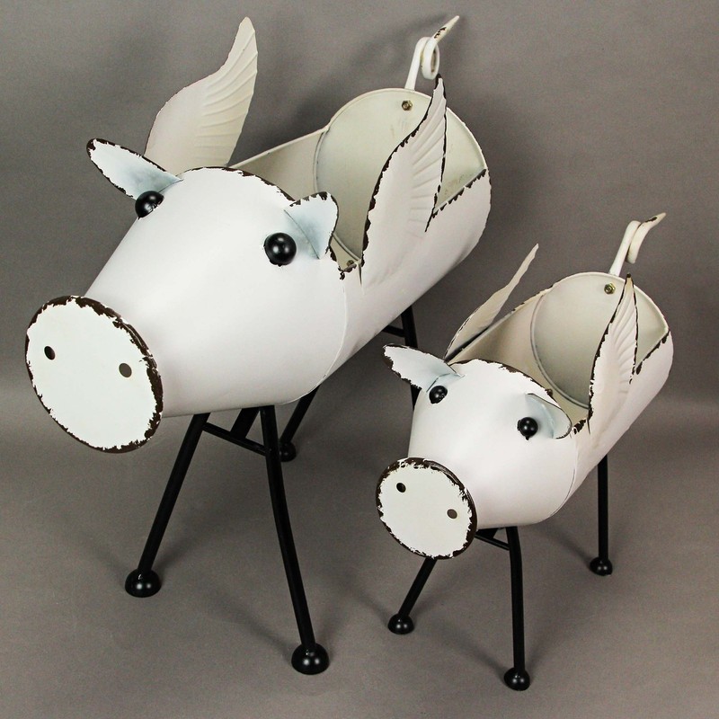 Rustic White Painted Galvanized Metal Flying Pig Standing Planters Set of 2 gallery