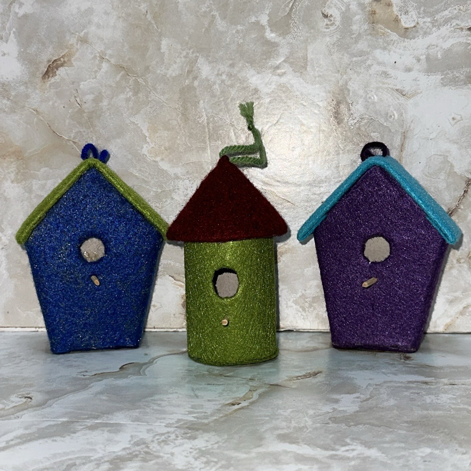 Set 3 Mini Bird House Colorful Whimsical Cottage Style Hanging Ornaments Felt gallery