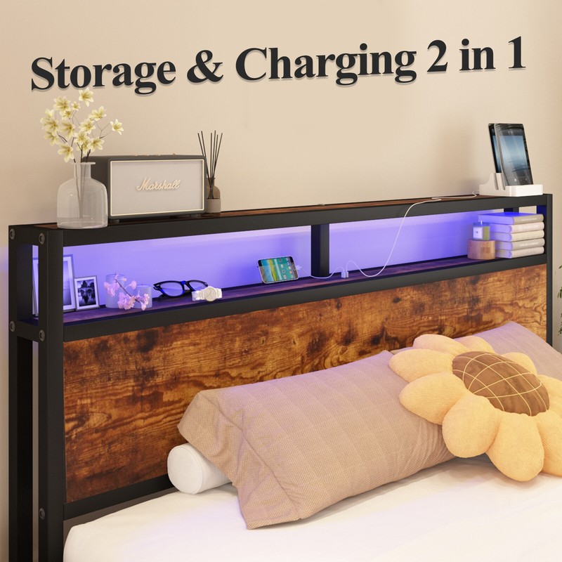 Full Queen King Bed Frame with LED Lights Storage Headboard and Charging Station gallery