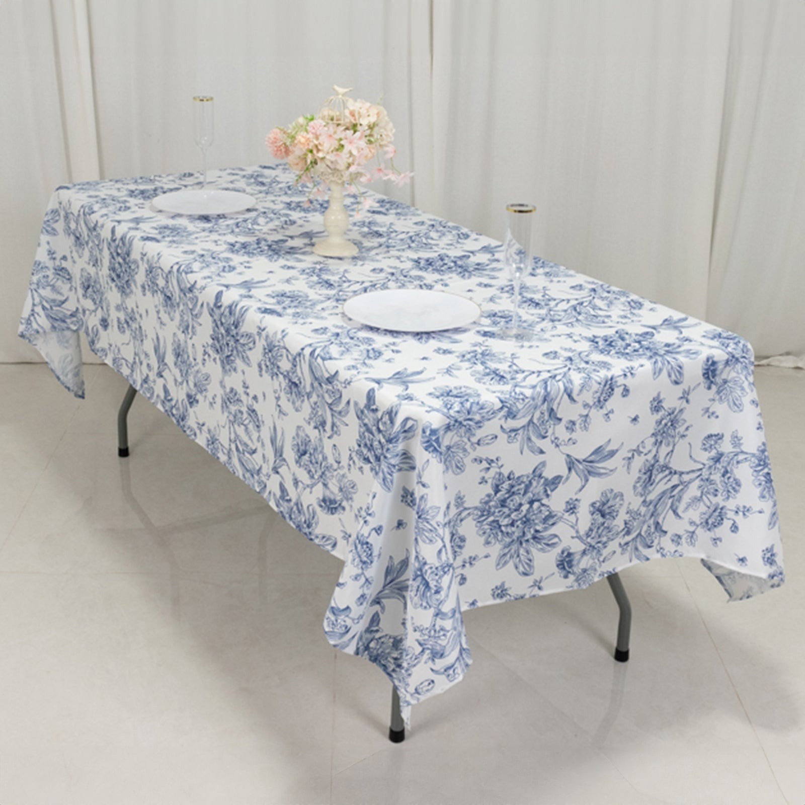 60" x 102" Blue French Toile Pattern Polyester Rectangular Tablecloth gallery