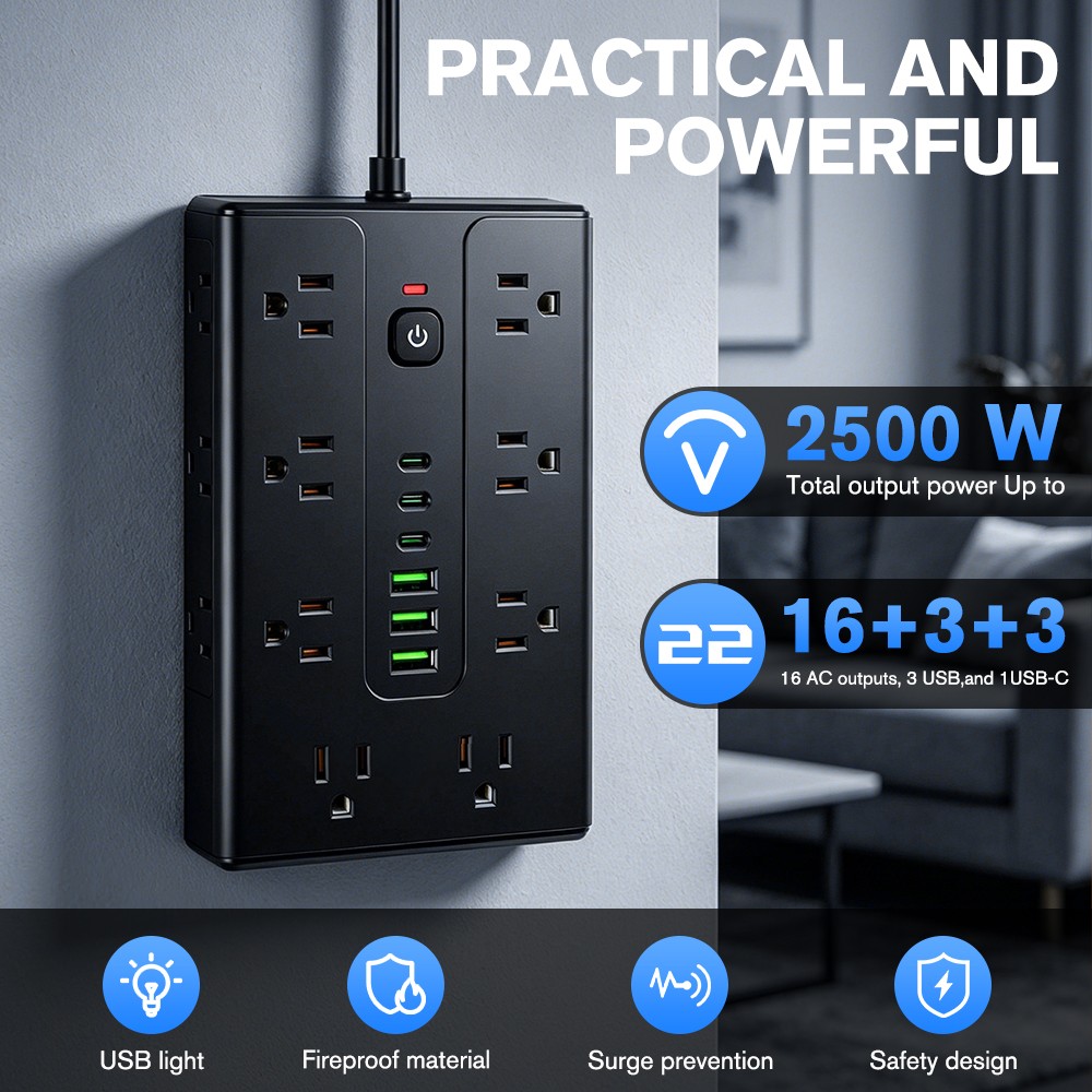Power Strip Surge Protector with 16 Outlets 3 USB A and 3 USB C Ports Flat Plug gallery