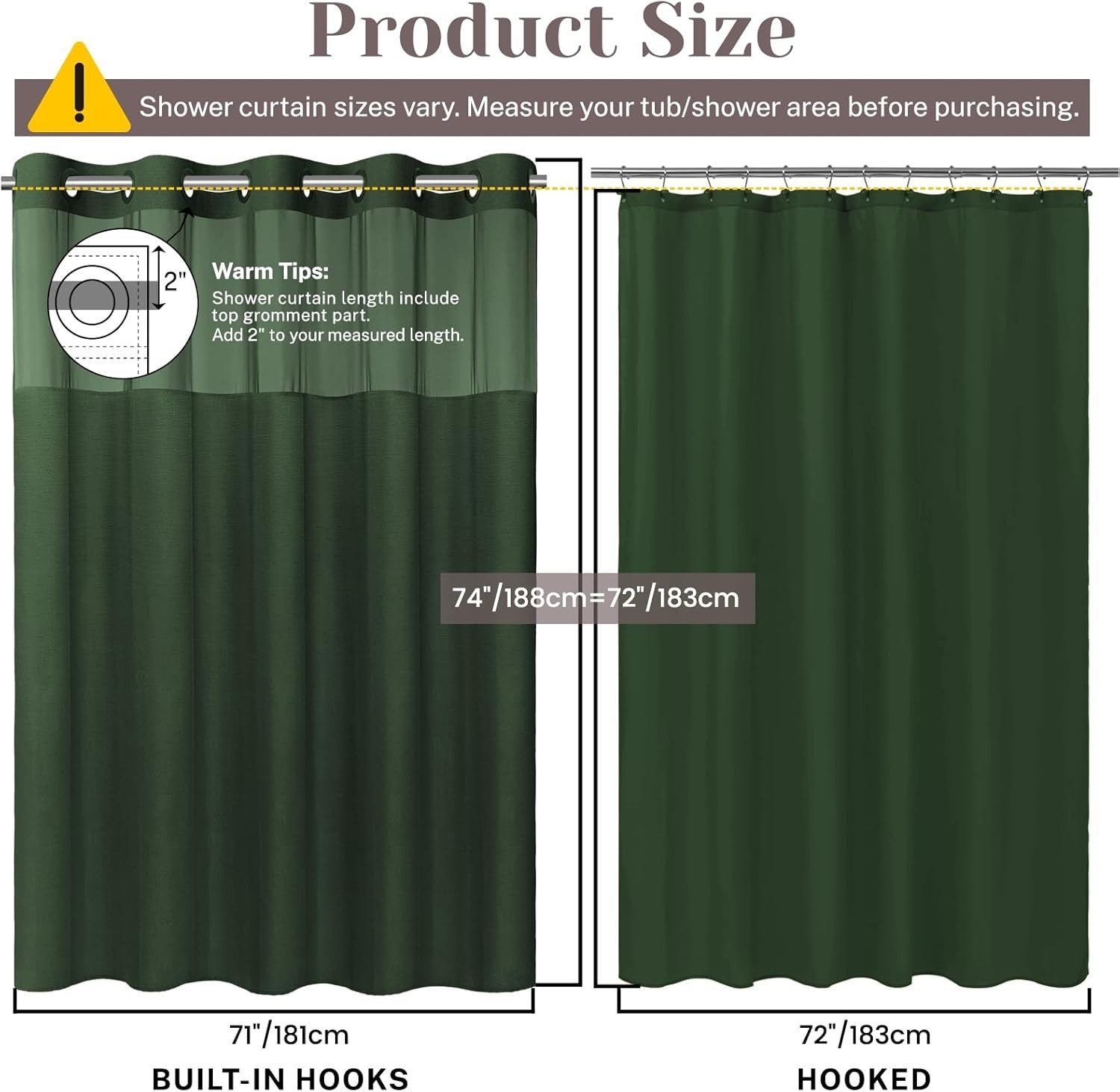 No Hook Slub Textured Shower Curtain with 71"W x 74"L (Pack of 1) Dark Green gallery
