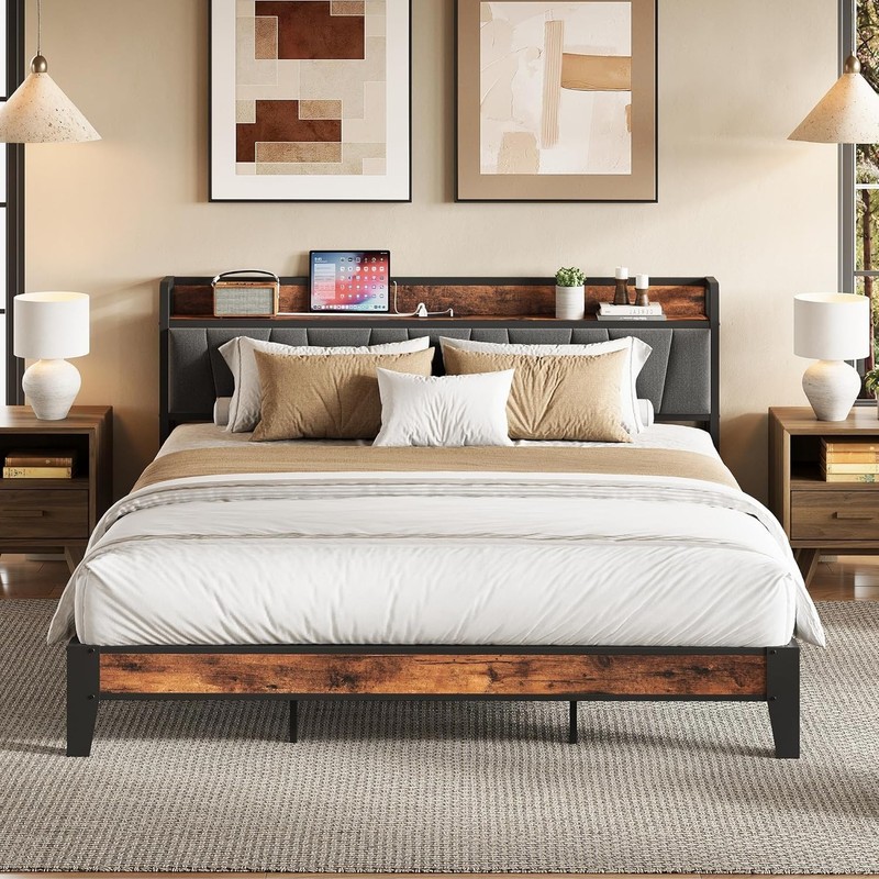 King Size Bed Frame, Storage Headboard with Charging Station, Solid and Stabl... gallery