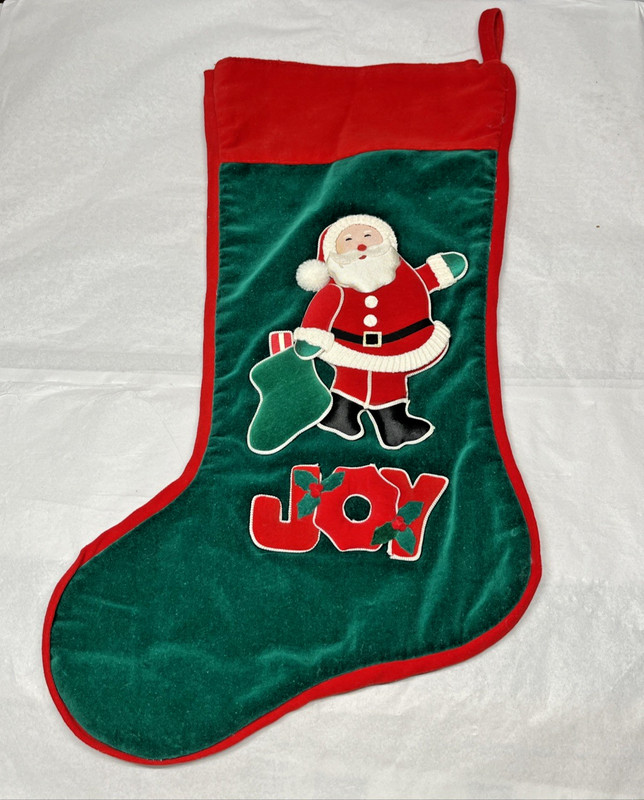 Marshall Fields 3D Santa Claus w/Joy Green Velvet Christmas Stocking 16" gallery