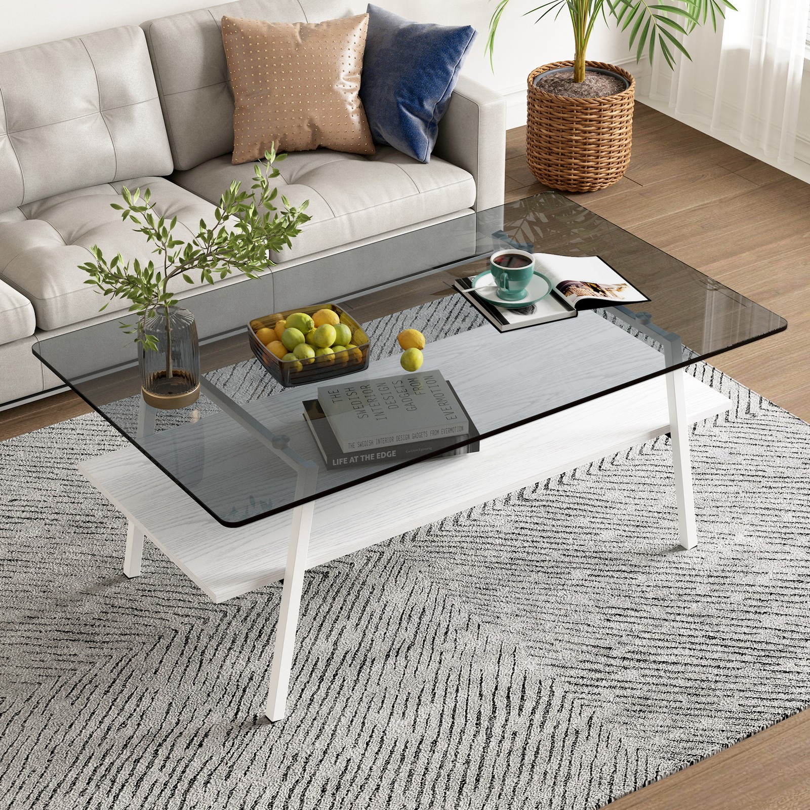 W38.5" Tempered Glass Coffee Table Middle Wooden Shelf Cocktail Centre Table gallery