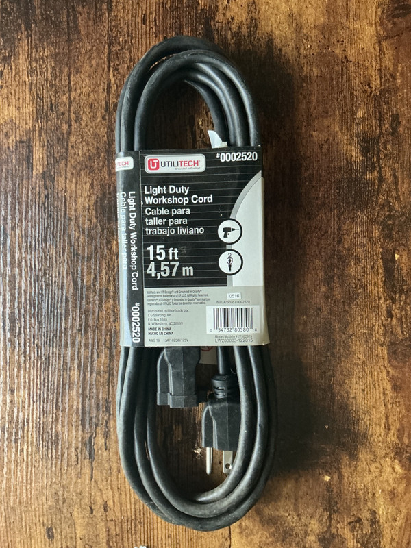 UTILITECH 15ft WORKSHOP REPLACEMENT CORD 16 GAUGE 13 AMP BLACK 0002520 gallery