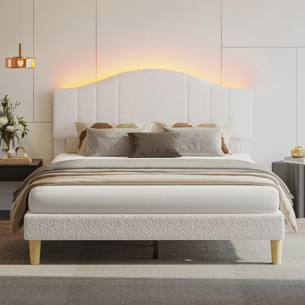 White Wood Frame Queen Upholstered Platform Bed Scalloped Bed Frame with LED Adj gallery