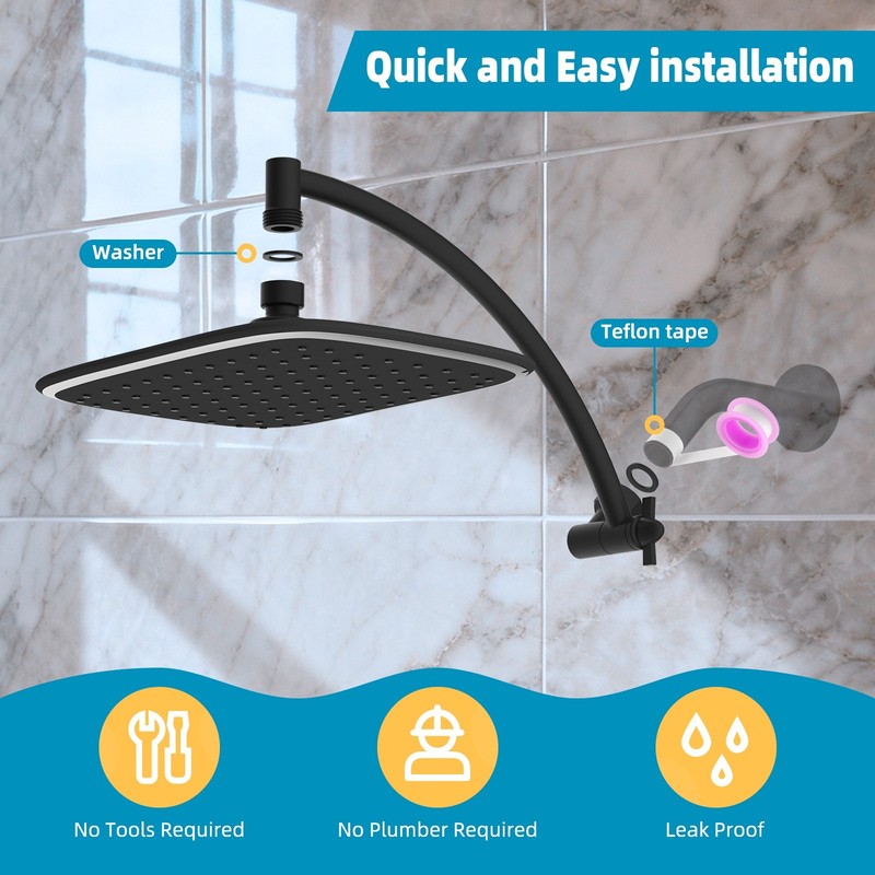 10" Rainfall Shower Head with 12" Shower Head Extension Arm Adjustable Black gallery