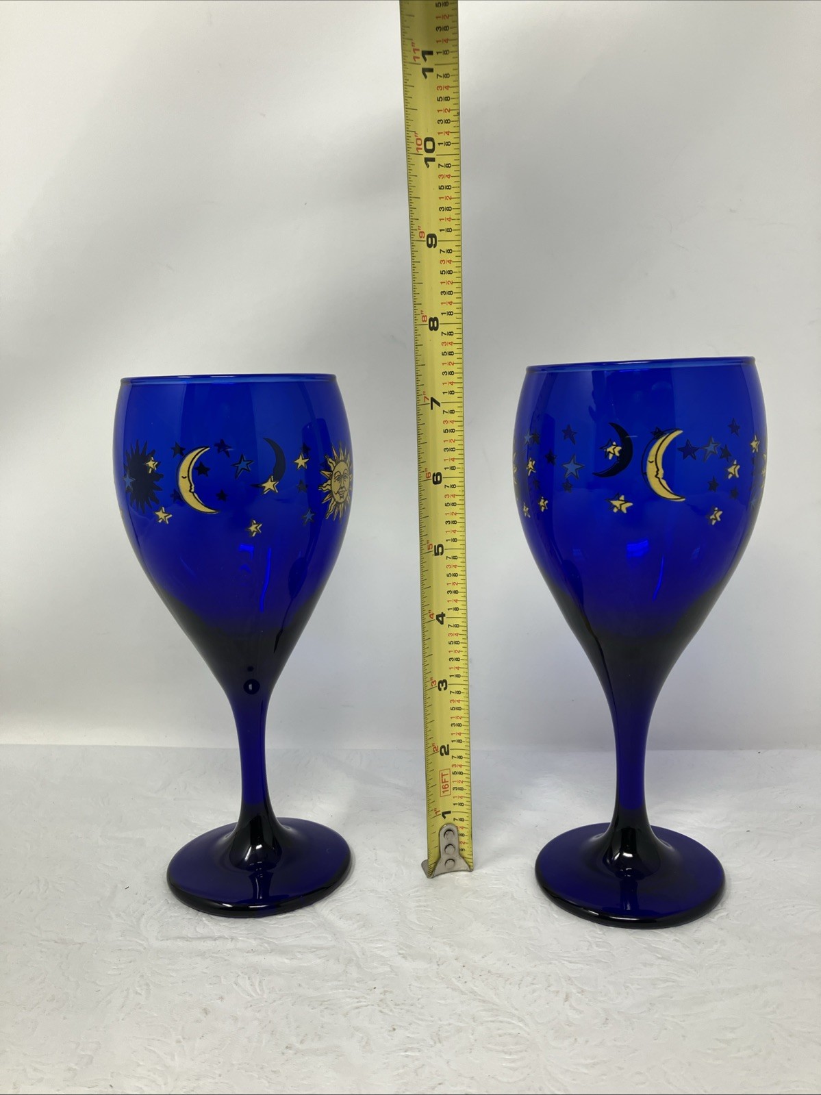2 Libbey Cobalt Blue Celestial Sun Moon Stars Wine Water Glass Goblet Glass 7.5” gallery