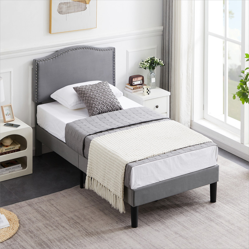 Bed Frame w/ Adjustable Fabric Headboard Twin/Full/Queen Size Wood Slat Support gallery