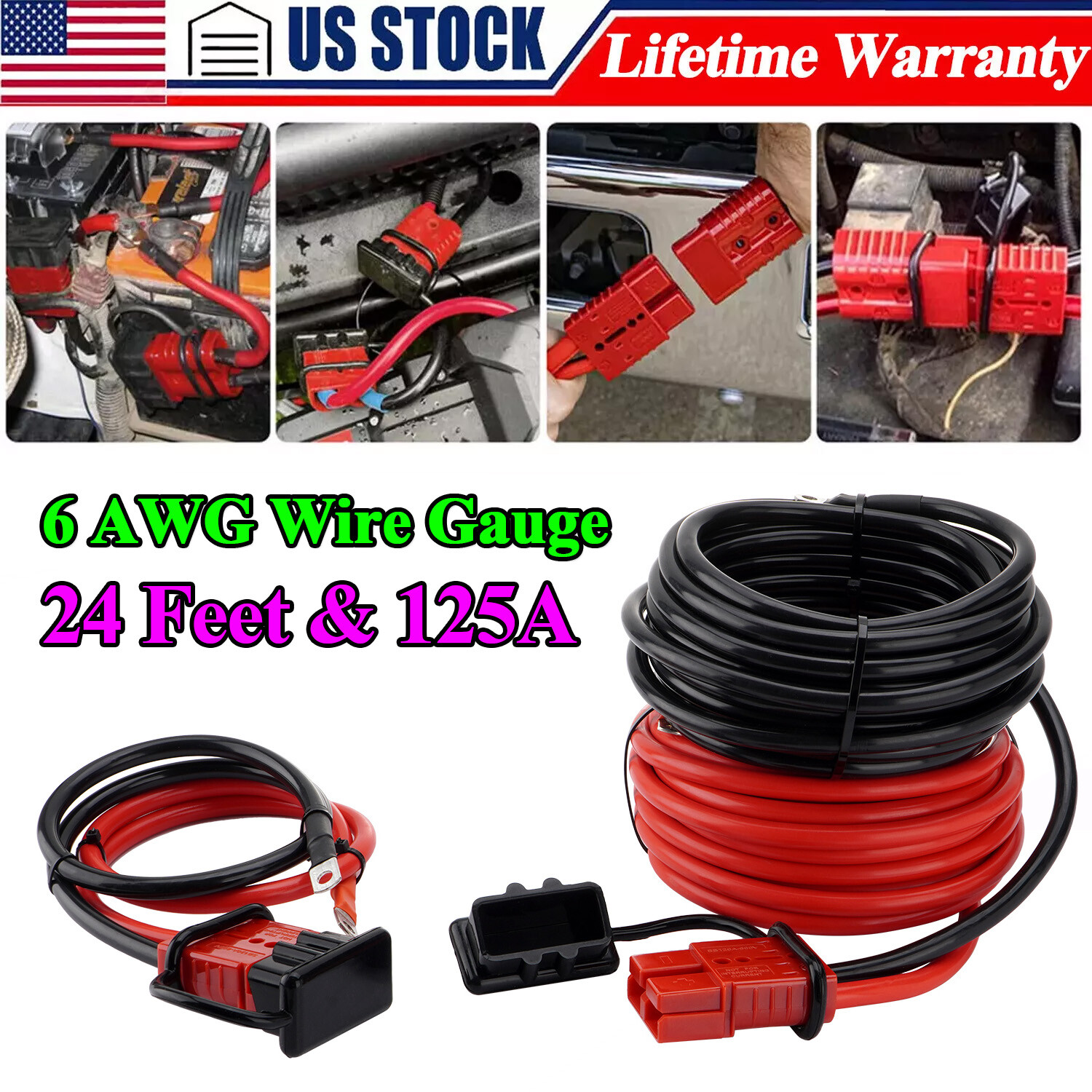 Heavy Duty 24 FT Quick Disconnect Winch Power Cable 6 Gauge 6 AWG Copper Wiring gallery