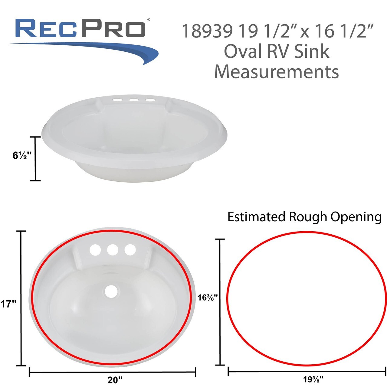 RecPro Oval RV Bathroom Sink White Single Bowl Sink 20"X17" Plastic gallery