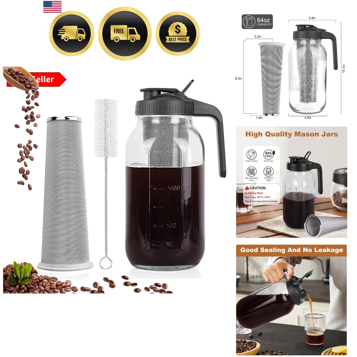 Cold Brew Coffee Maker Mason Jar Pitcher 64oz Iced Tea Lemonade Filter gallery