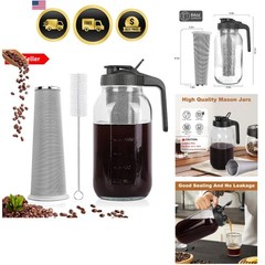 Cold Brew Coffee Maker Mason Jar Pitcher 64oz Iced Tea Lemonade Filter