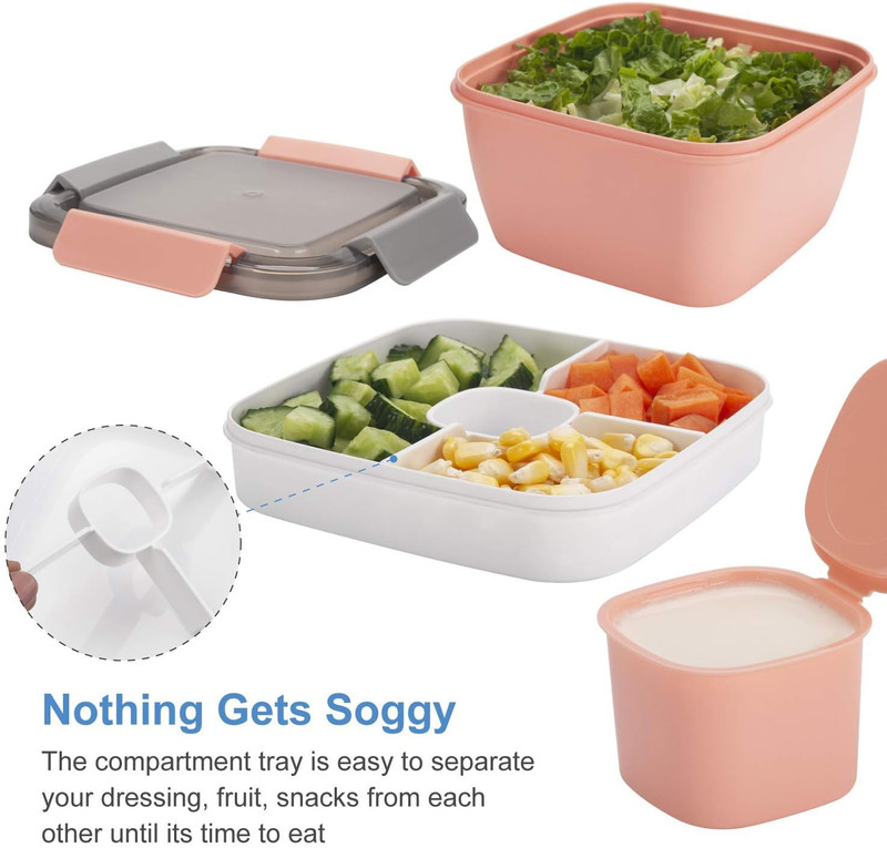 52-Oz Salad Lunch Containers, 2-Pack with 3 Compartments, Pink & Green gallery