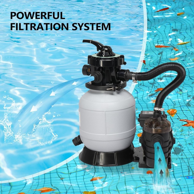 Above Ground Pool Sand Filter Pump Combo – 1/3HP, 2087GPH Flow, 24H Auto Timer gallery