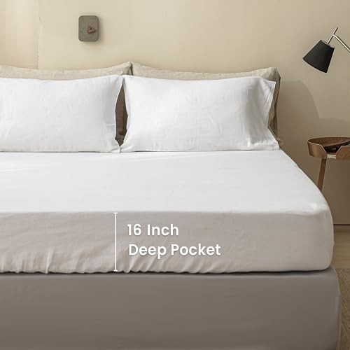 100% Linen Fitted Sheet - Organic Deep Pocket Bed Sheets for 16" Queen White gallery