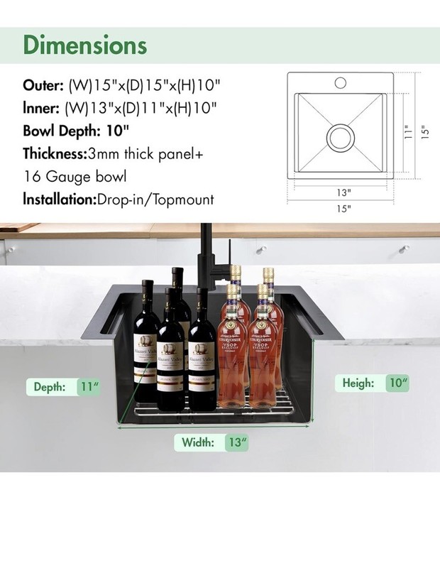 EcoChannels Undermount Kitchen Sink, 15 x 15x 10 in 16 Gauge US Seller gallery