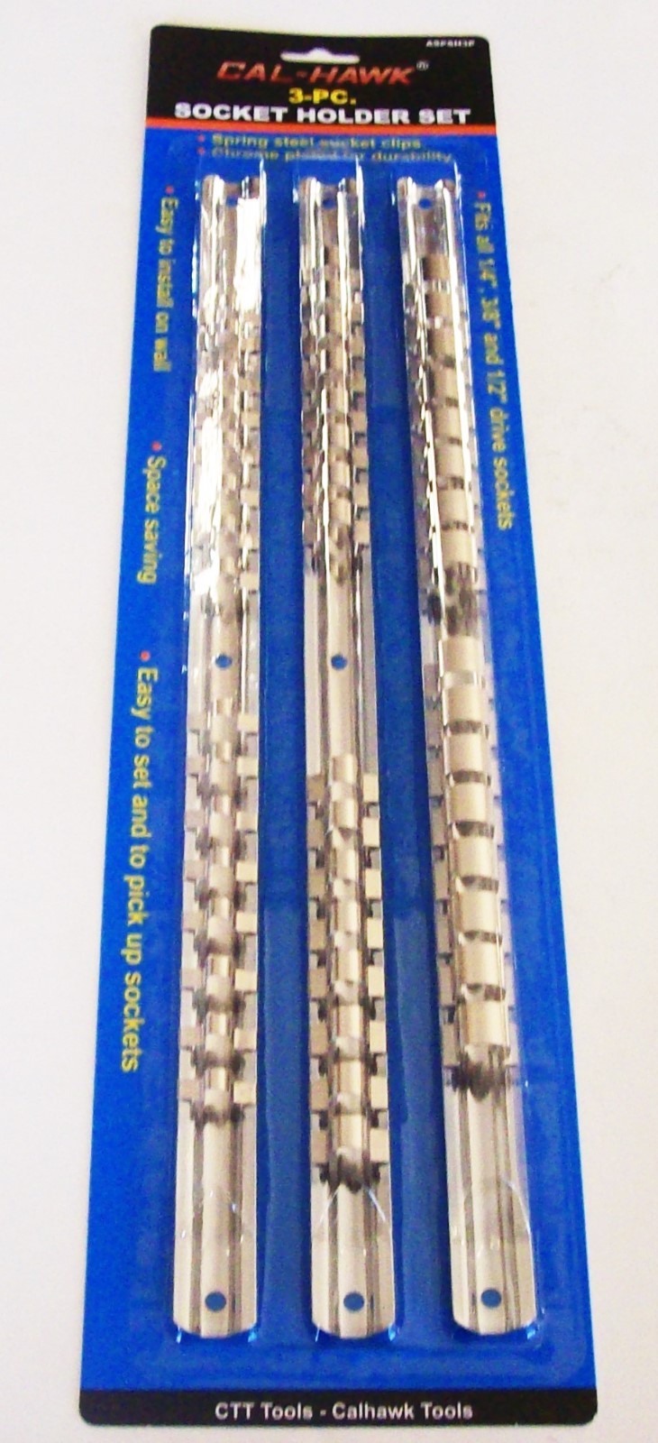 3 CAL-HAWK SOCKET RACK RAILS ORGANIZER HOLDERS 1/4" 3/8" 1/2" 16 CLIPS PER RAIL gallery