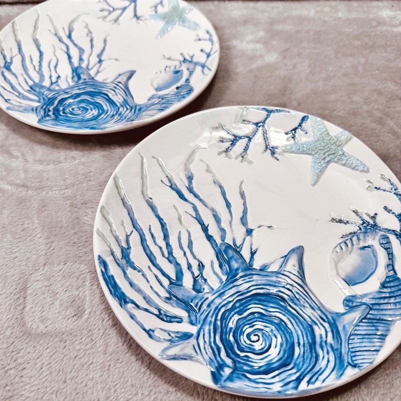 Cracker Barrel Hand Painted Stoneware Coastal Shell Starfish Salad Plates Set 2 gallery