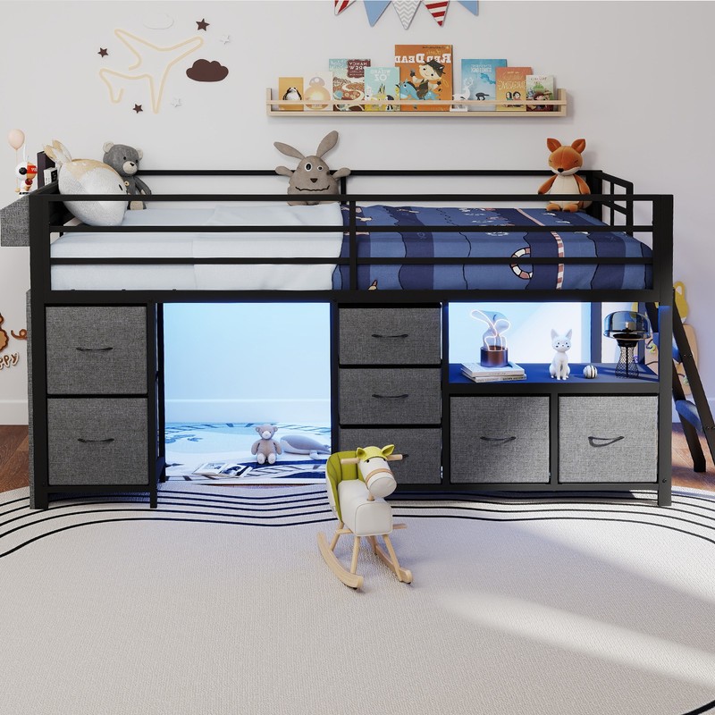 Twin Size Loft Bed Frame with 7 Storage Drawers, Bookcase Desk and LED Lights gallery