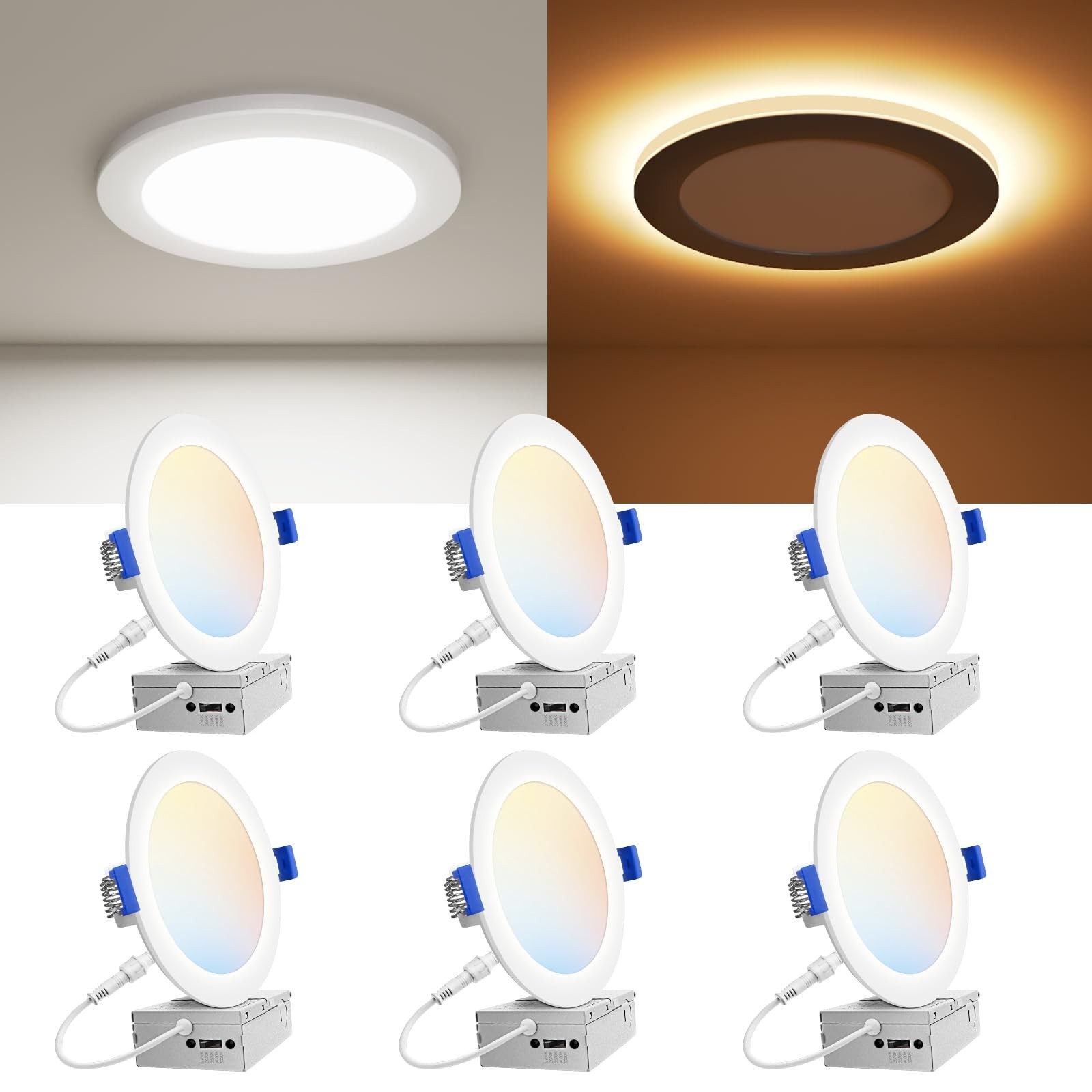 6 Pack 6" Dimmable Canless LED Recessed Lights, 5CCT Night Light, 1080LM, ETL Ce gallery