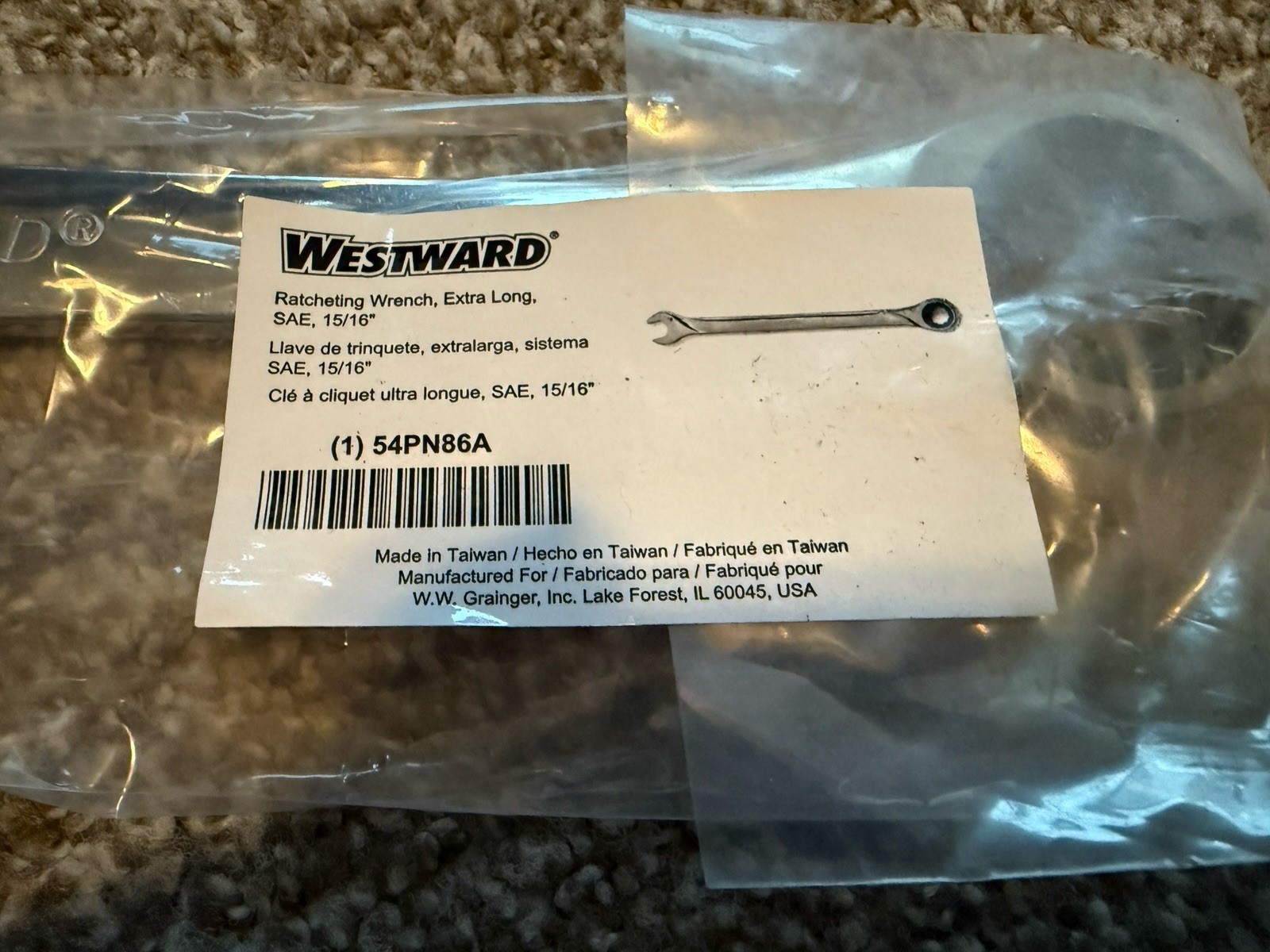 WESTWARD 15/16" SAE Ratcheting Wrench, Extra Long 54PN86 NEW gallery
