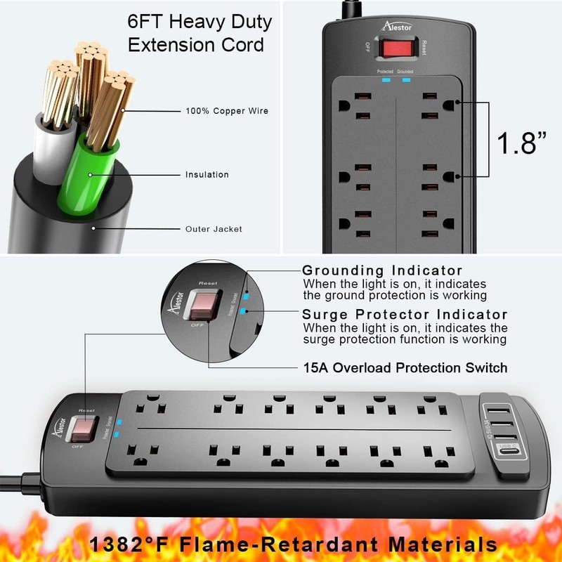 Advanced 12 Outlet Surge Protector with 4 Smart USB Ports - 2700 Joules Safety gallery