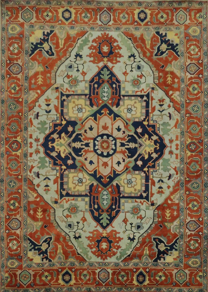 Light Blue and Rust Traditional Large Rug 10'x14' Ft Handmade Oriental Wool Rug