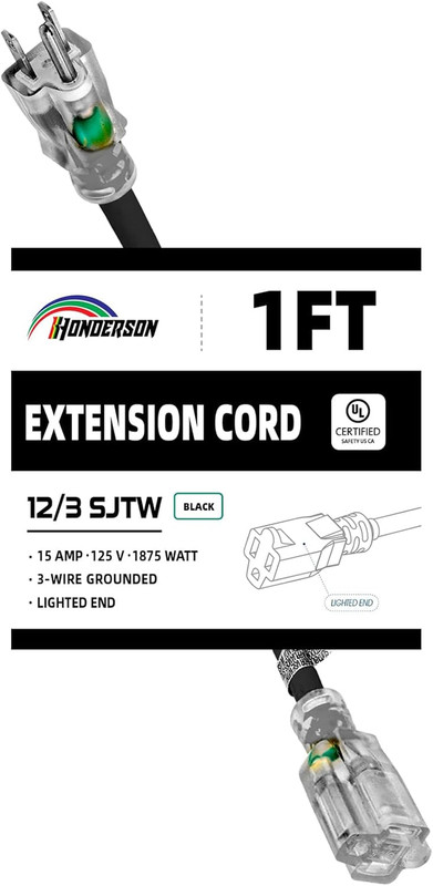 Extension Cord with Lighted End, UL Certified, 12 Gauge 1FT Black 3 Prong Heavy gallery