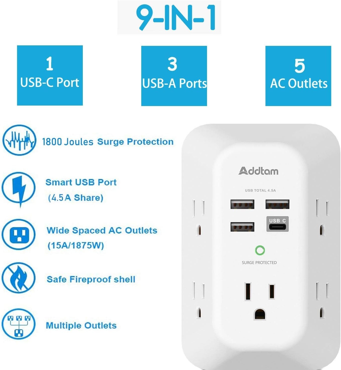 Addtam USB Wall Charger Surge Protector 5 Outlet Extender with 4 USB Charging Po gallery