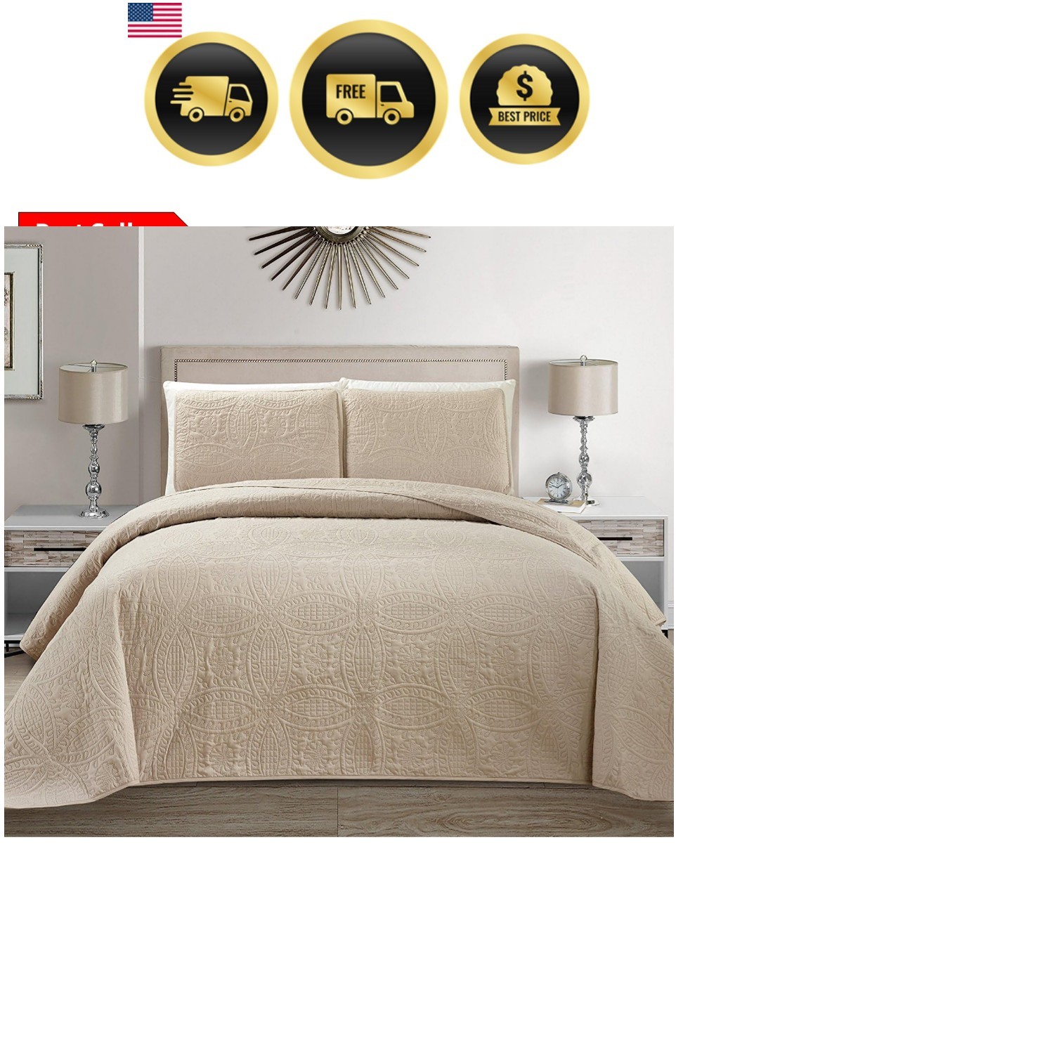 Fancy Collection Embossed Coverlet Bedspread Over Size Set Solid Austin Beige... gallery