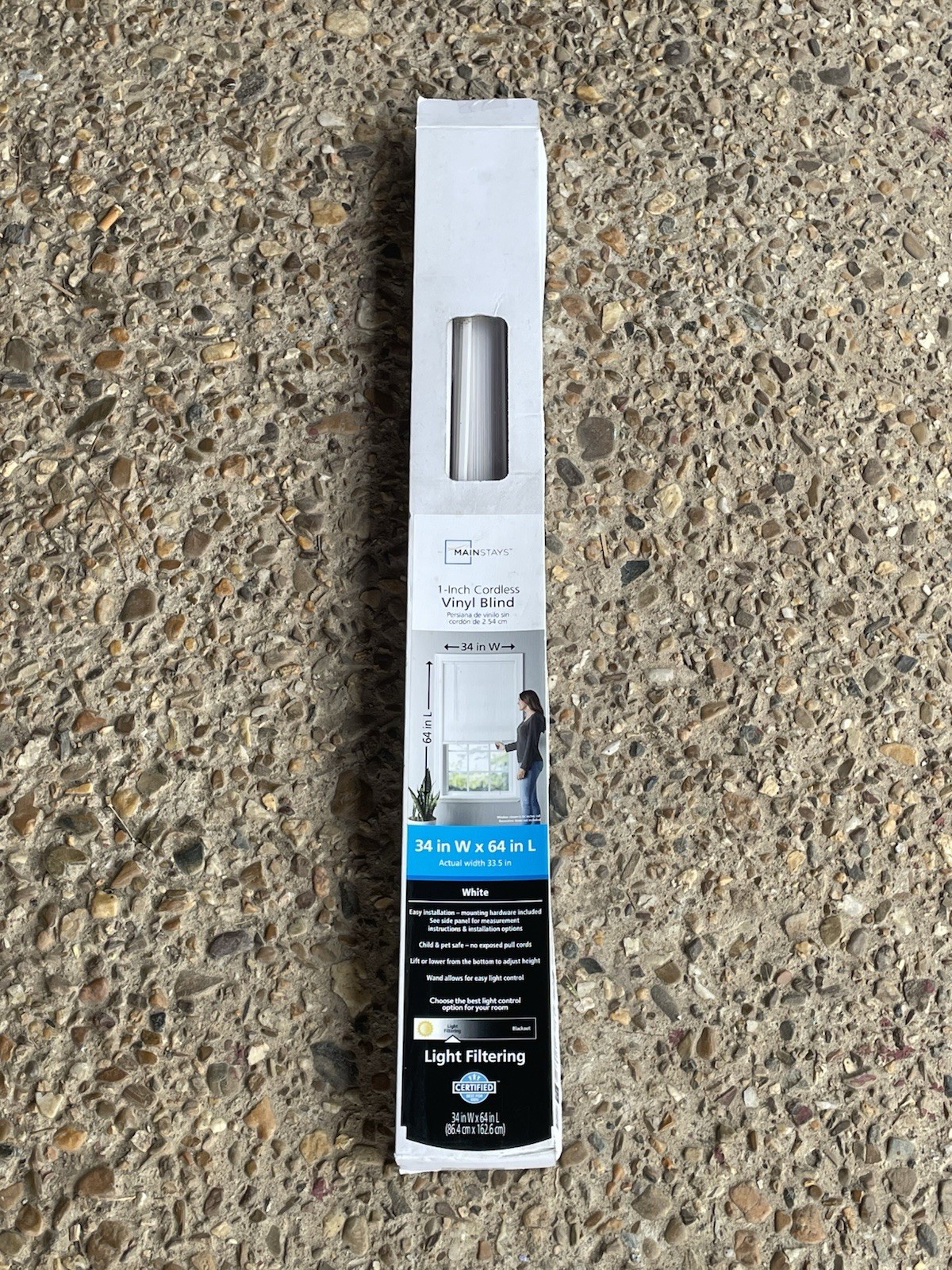 Mainstays 1-Inch Cordless Vinyl Blind, White, 34 in W x 64 in L, Light Filtering gallery