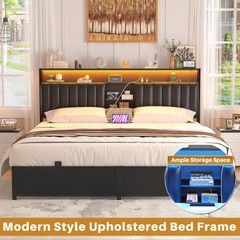 King/Queen/Full Size Bed Frame with Upholstered Storage Headboard ＆ LED ＆ Outlet