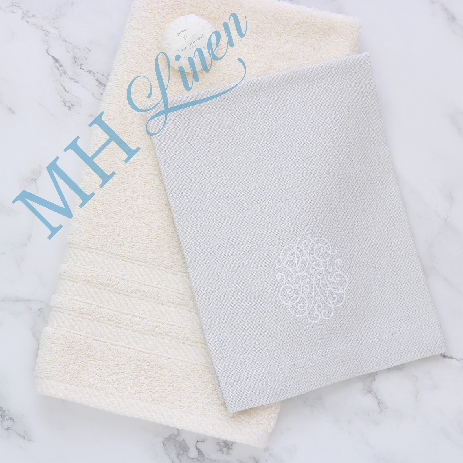 Monogram initials RR Guest Towel in Quartz Grey with White Thread Embroidery gallery