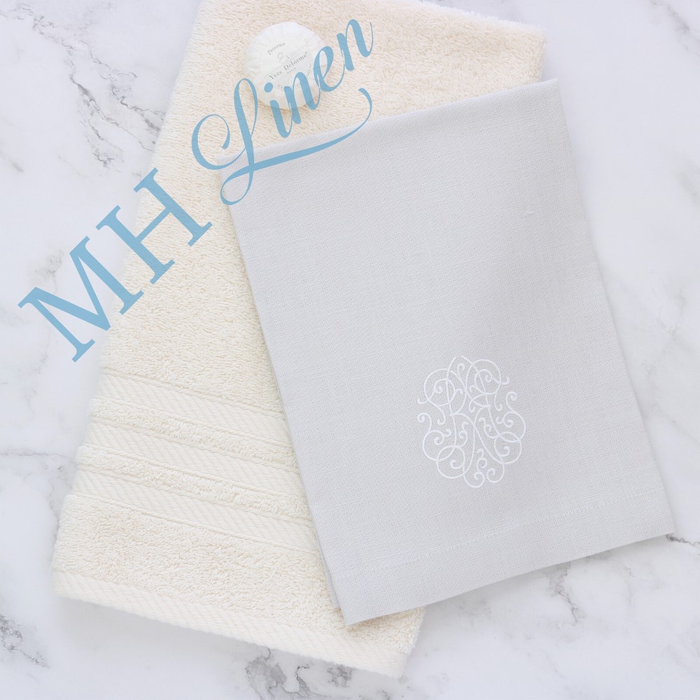 Monogram initials RR Guest Towel in Quartz Grey with White Thread Embroidery